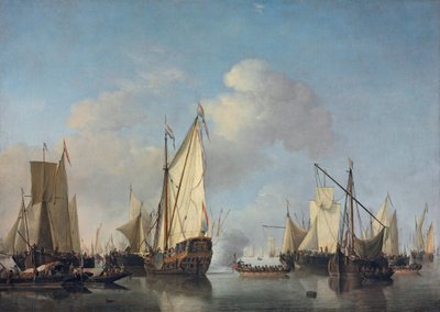 Eine Staatsyacht und andere Schiffe bei sehr leichtem Wind von Willem van de Velde the Younger